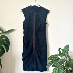 Bebe Rouched Bodycon Silk Blend Black Zipper Dress Size M